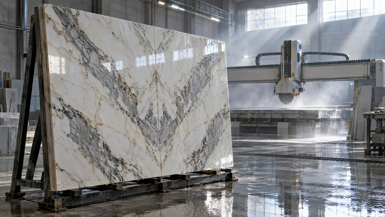 A stone slab being cut and finished in a fabrication workshop, its veining visible along the sawn edge