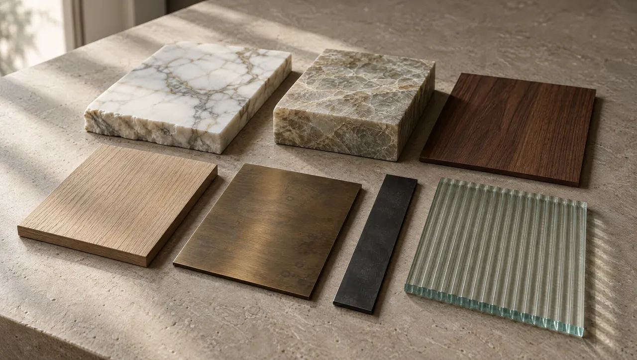 Stone, wood and metal samples arranged on limestone