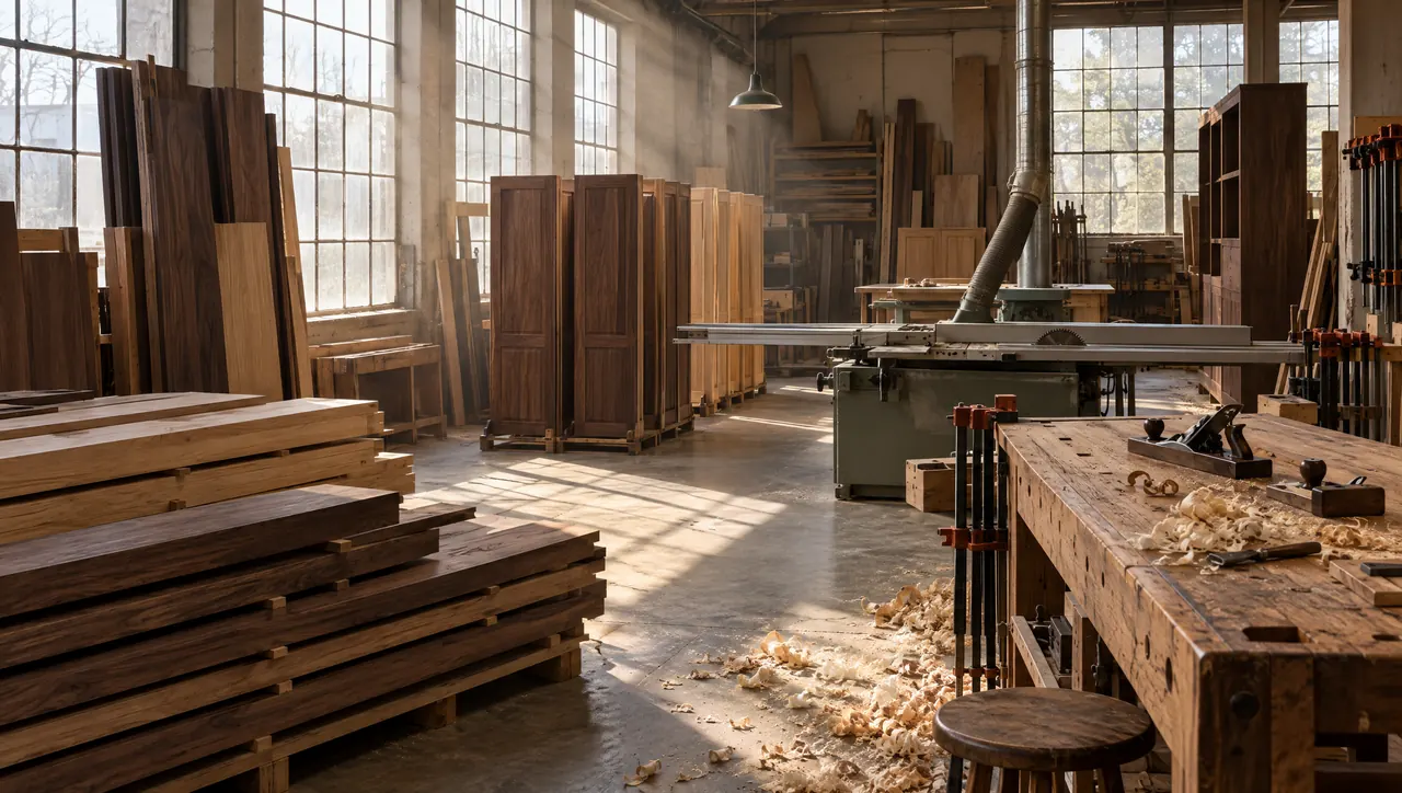 Cabinetmaking workshop with stacked walnut and oak boards