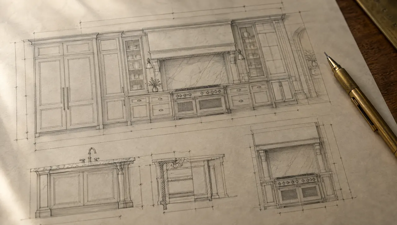 Pencil cabinetry elevation drawing on vellum