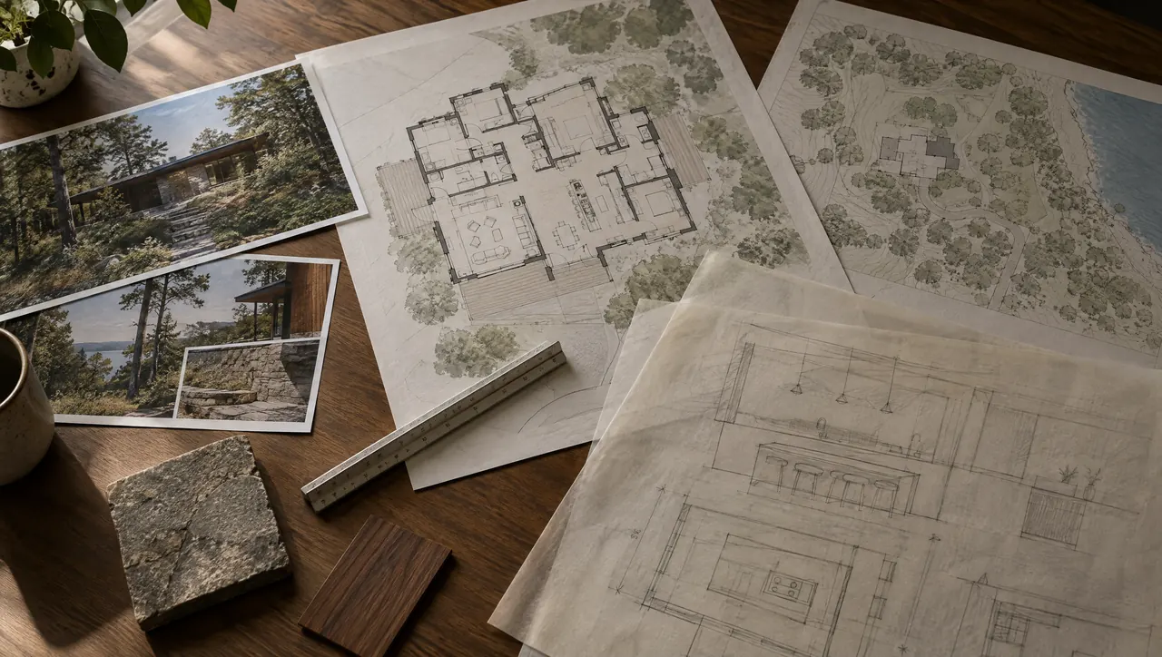 Architect's table with floor plans, tracing paper sketches and material samples