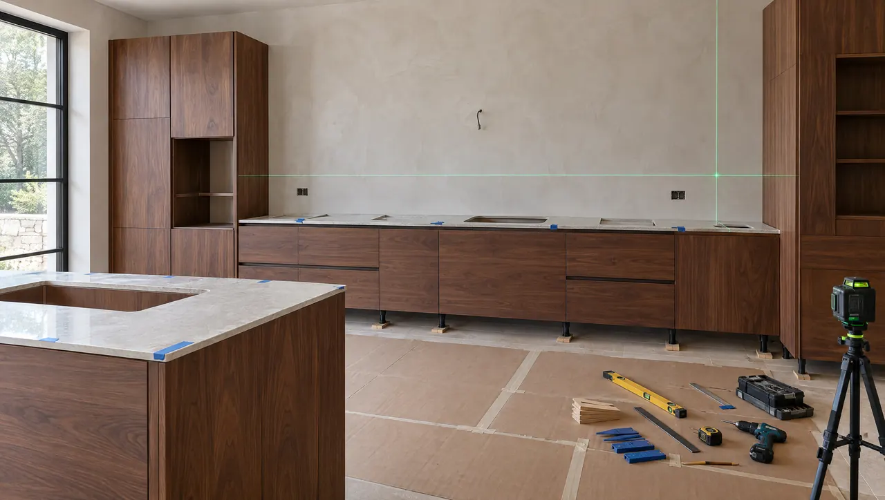 Walnut cabinetry being fitted on a protected, orderly site