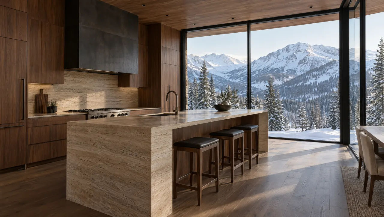 Mountain residence kitchen with walnut cabinetry, a travertine island and floor-to-ceiling windows facing snow-covered peaks